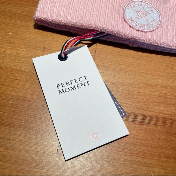 PERFECT MOMENT Patch Beanie Pure Pink NWT 100% Extrafine Merino Wool Pom Pom Hat - Picture 5 of 16